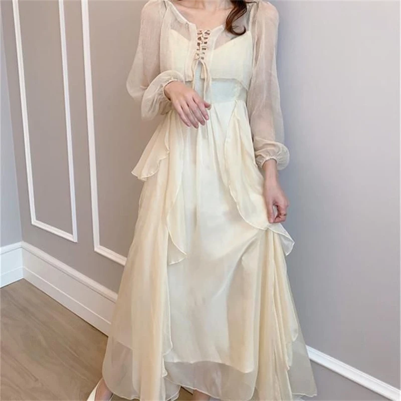 Summer Women Long Dress Suspender Ruffles Chiffon Fairy Dress White Apricot Korean Elegant Feminine Holiday Beach Party Dresses