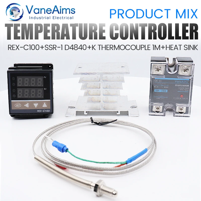 

Digital PID Temperature Controller REX-C100 REX C100 thermostat 0-400℃+ 40DA SSR Relay+ K Thermocouple 1m Probe RKC + Heatsink