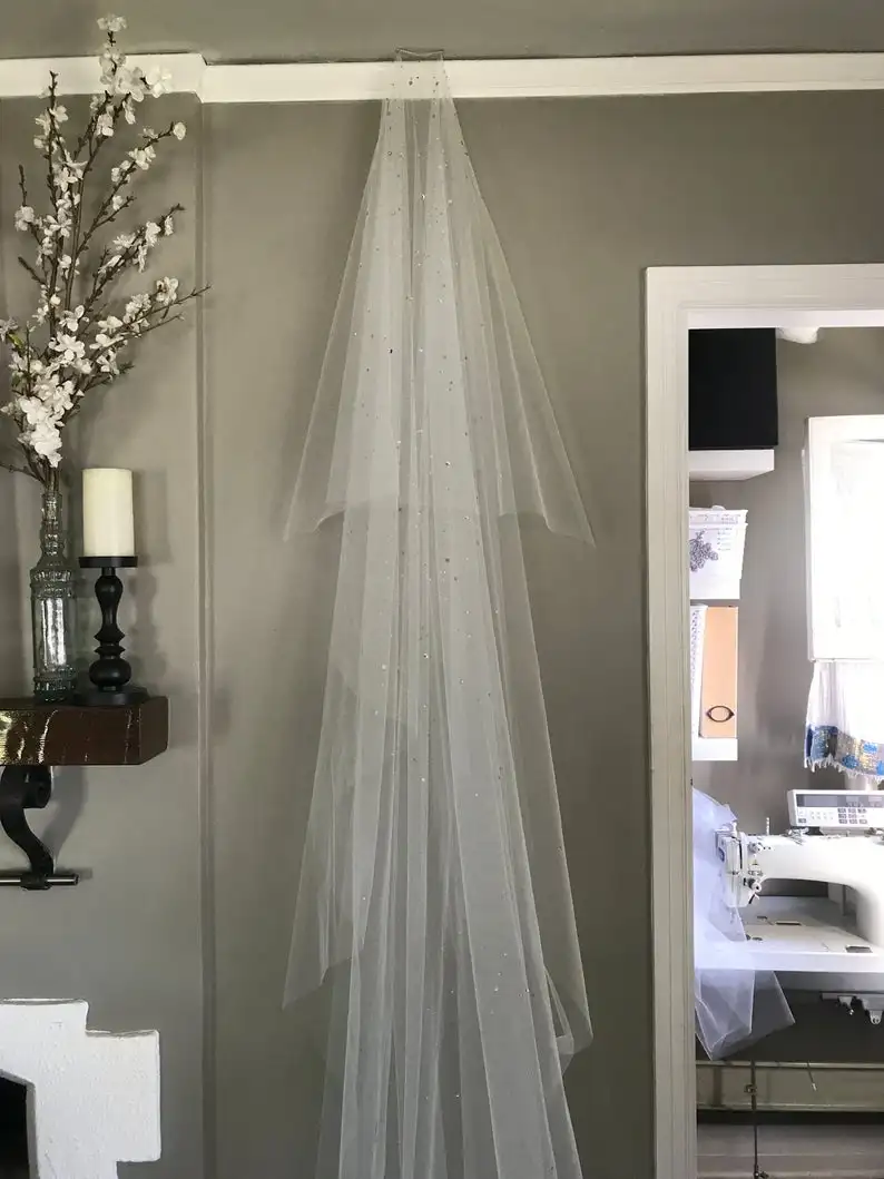 2 Layer Soft Tulle Wedding Veil with Crystal Chapel Length Bridal Veil Metal Comb