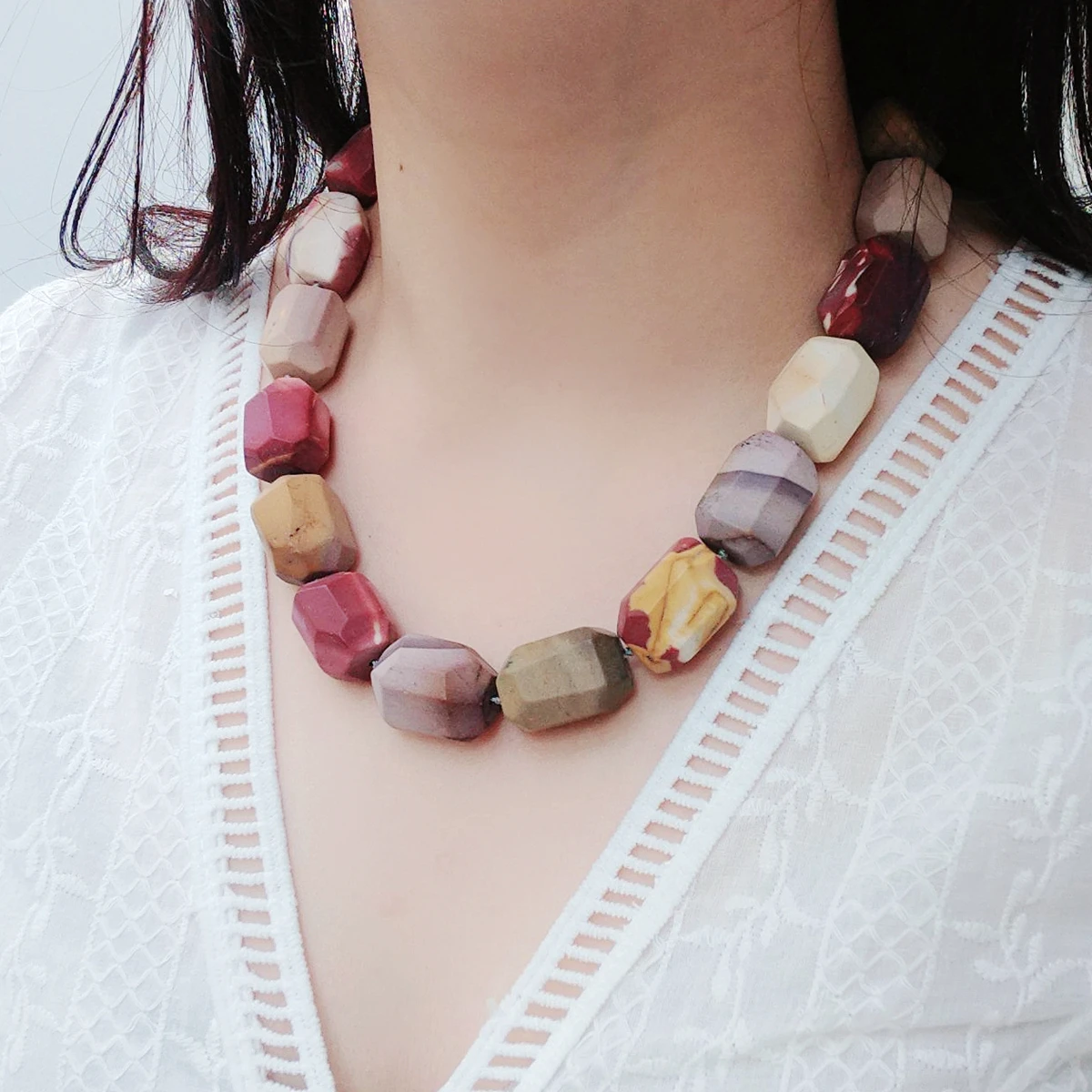 

Lii Ji Mutil Color Stone Necklace Natural Australian Mookaite Jaspers Big Necklace Approx 52cm Women Jewelry Gift