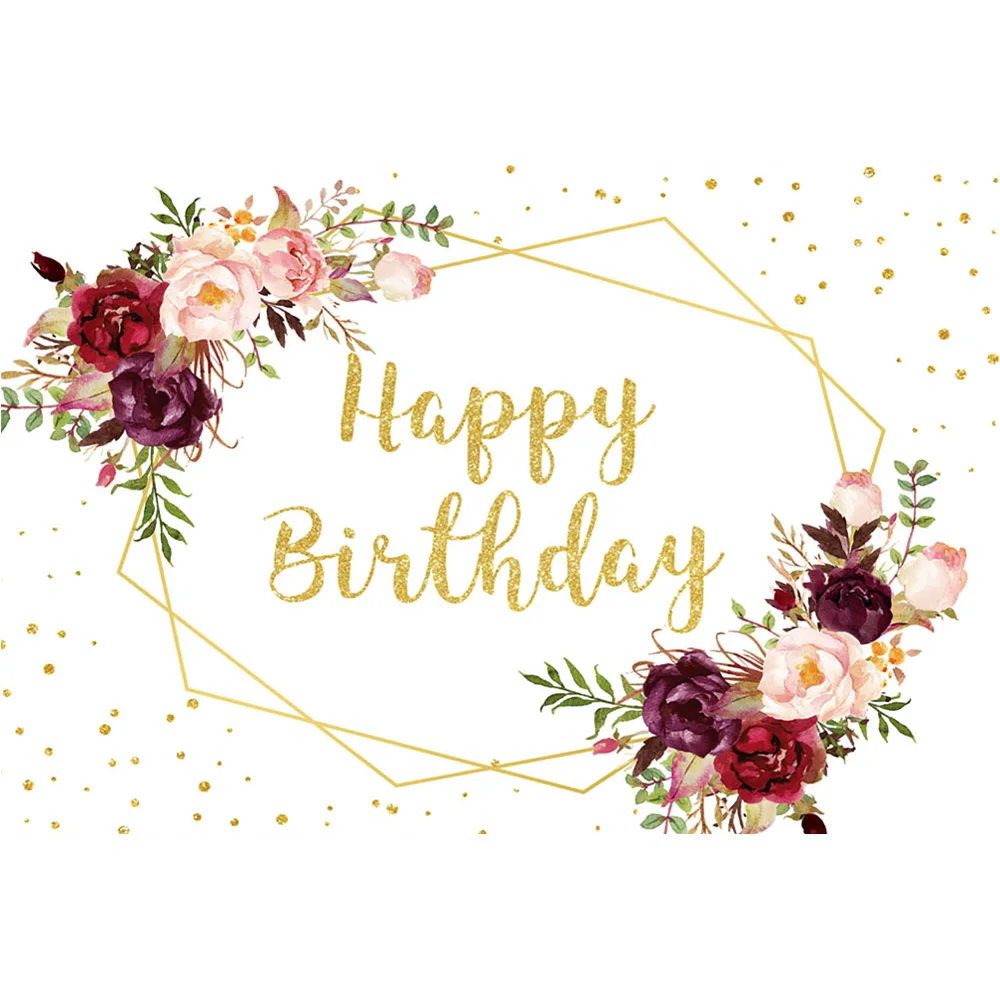 Cat air bunga selamat ulang tahun latar belakang emas titik-titik bunga putih pesta kue ulang tahun meja Photocall alat peraga