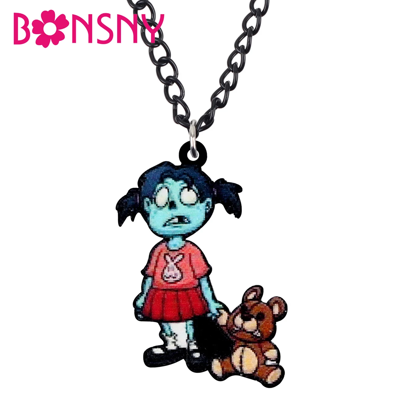 Bonsny Acrylic Halloween Zombie Girl Bear Necklace Long Choker Fashion Jewelry Women Kid Girl Teen Charms Gift Party  Decoration