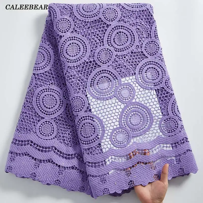 

Lilac Purple Water Soluble African Guipure Cord Lace Fabric With Stones Net Nigerian Lace Materials For Wedding Dress S2314