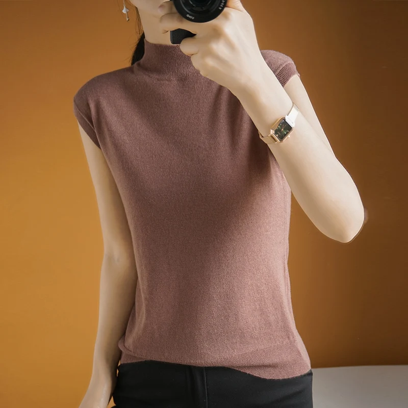 Women Silk Solid Color Tops 2021 Classic Summer Wild T-shirts Female Basic Loose Fashion Turtleneck Sleeveless Chiffon Shirt