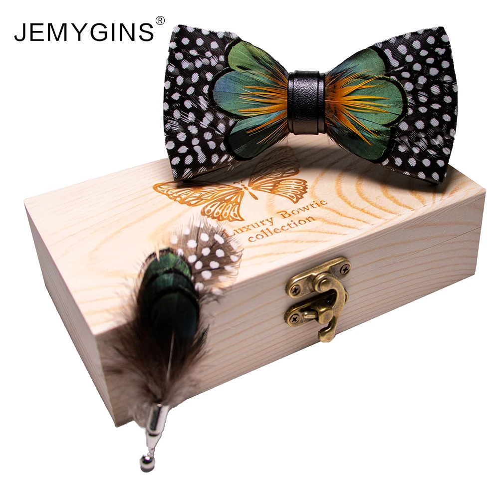 

JEMYGINS men's bow tie green white polka dot bowtie handmade leather bow tie brooch wooden box set wedding birthday gift