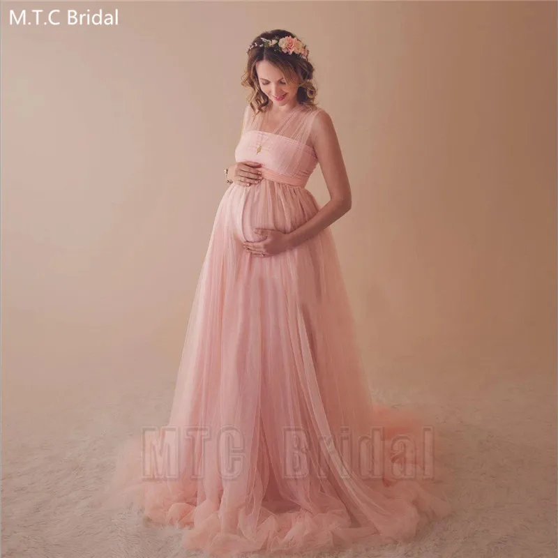 

Pink Tulle High Waist Pregnant Women Evening Dress A Line V Neck Corset Maternity Dresses For Prom Party Gowns Robe De Soiree