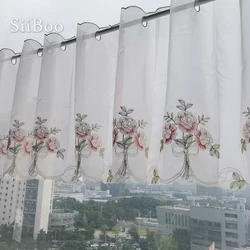 Pastoral style pink floral embroidery half-curtain bay window lace curtain tulle for coffee kitchen room cortinas rideaux SP5637