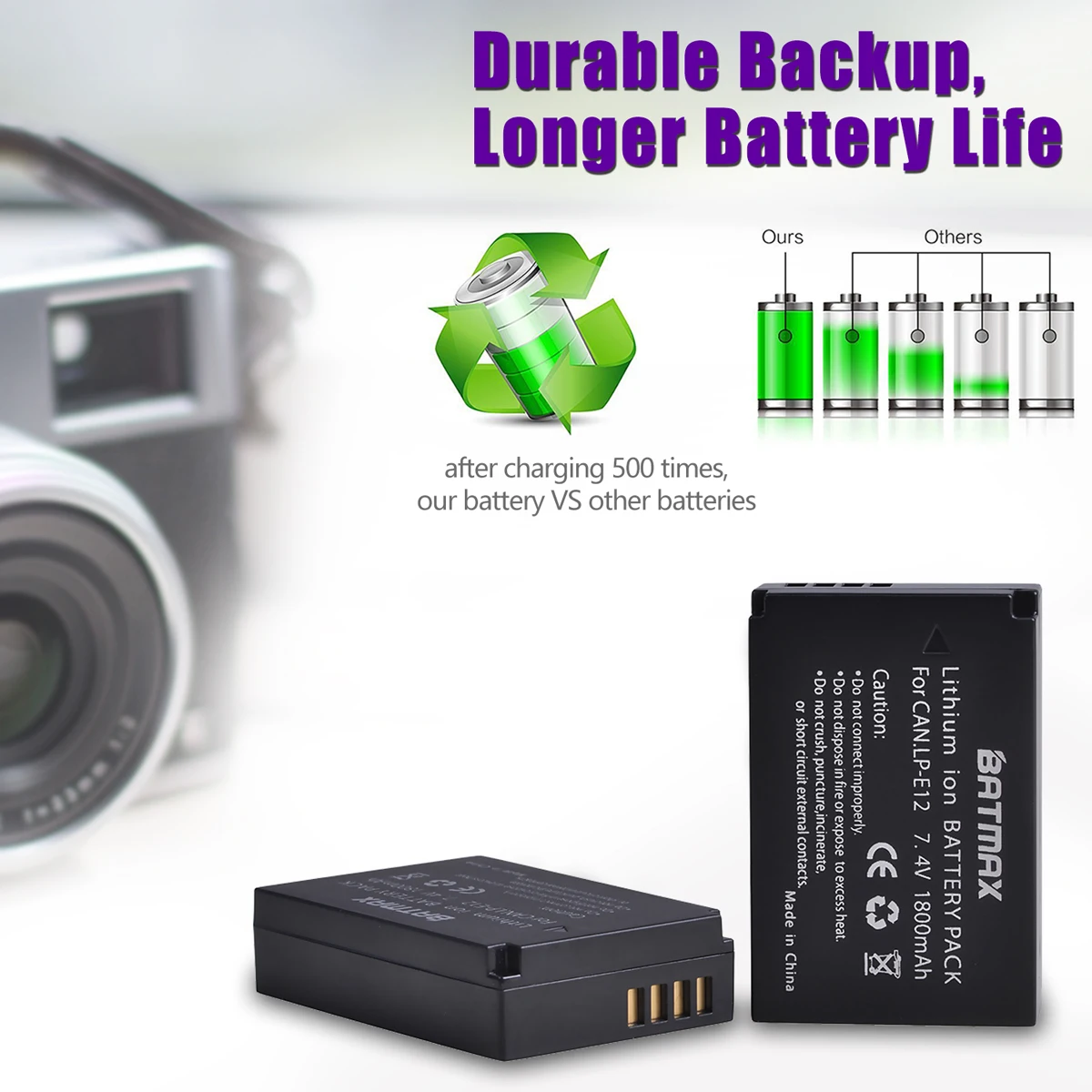 Batmax 1800mAh LP-E12 LP E12 LPE12 Battery for Canon EOS M EOS M10 M50 M100 EOS Rebel SL1 EOS 100D SX70HS Digital Cameras