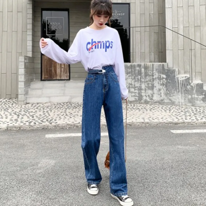 Woman Jeans High Waist Grey Jeans Nice Autumn Winter For Clothes Wide Leg Denim Clothing Blue Streetwear Vogue Vintage Pants