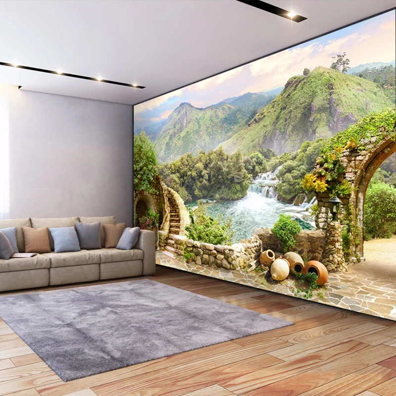 Custom 3D Photo Garden Balcony Mountain Waterfall Green Landscape Large Mural Wallpapers For Living Room Bedroom Wall Decoration