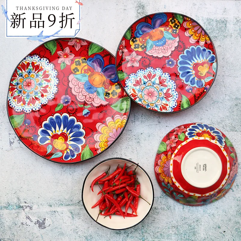 kitchen Individual Hand-painted Creative Western Plate Marriage Red Traditional Chinese Ceramic Tableware Household Vegetable