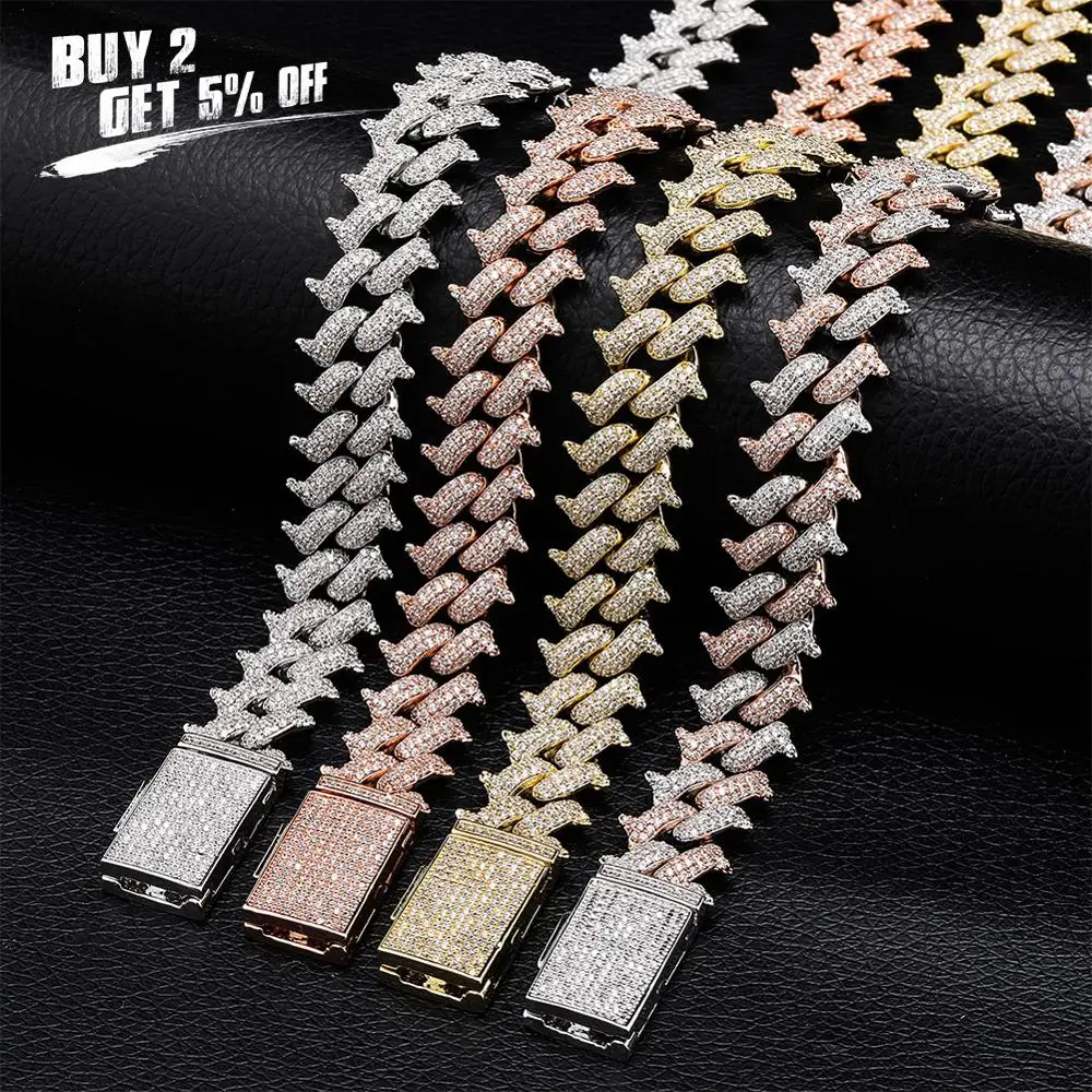 JINAO New 14mm Spikes on the edges Style Jewelry Hip Hop Rock Copper Plated Gold silver-color Iced Out CZ Stone Necklace