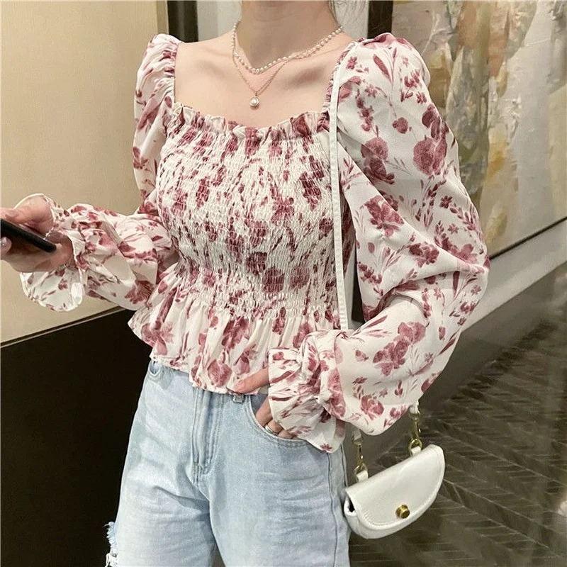 Blouses Women Students Summer Female Cropped Slim High Street Hot Sale Square Collar Colorful 2021 New Elegant Vintage All-match