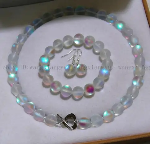 

10mm Gray Gleamy Rainbow Moonstone Round Beads Necklace + Bracelet + Earrings Set Jewelry