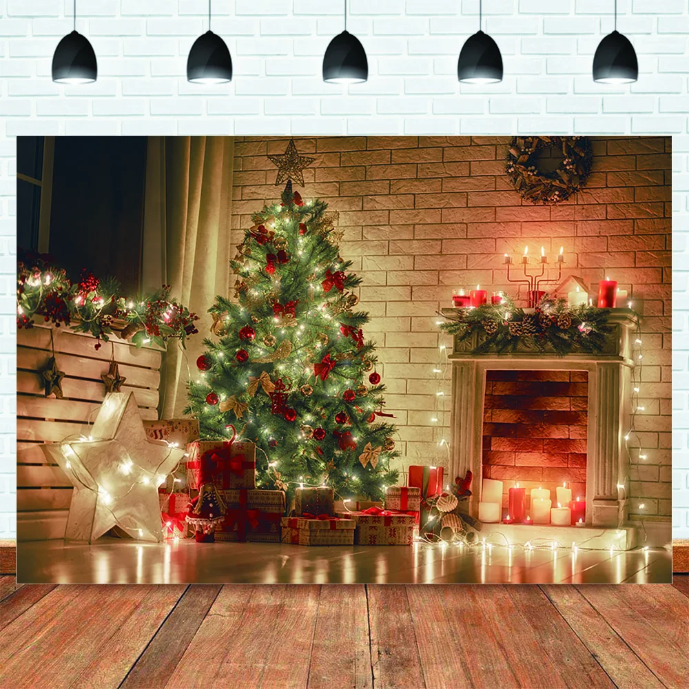 Christmas Glitter Light Backdrop for Photography Fireplace Candle Christmas Tree Winter Family Party Decor Background Brick Wall