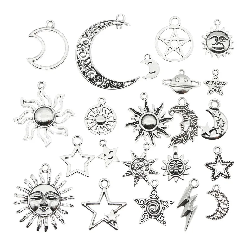 

Random 20 PCS Mix Vintage Silver Metal Alloy Sun Moon Stars Charms Pendants DIY Bracelets Necklaces Anklets Jewelry Making