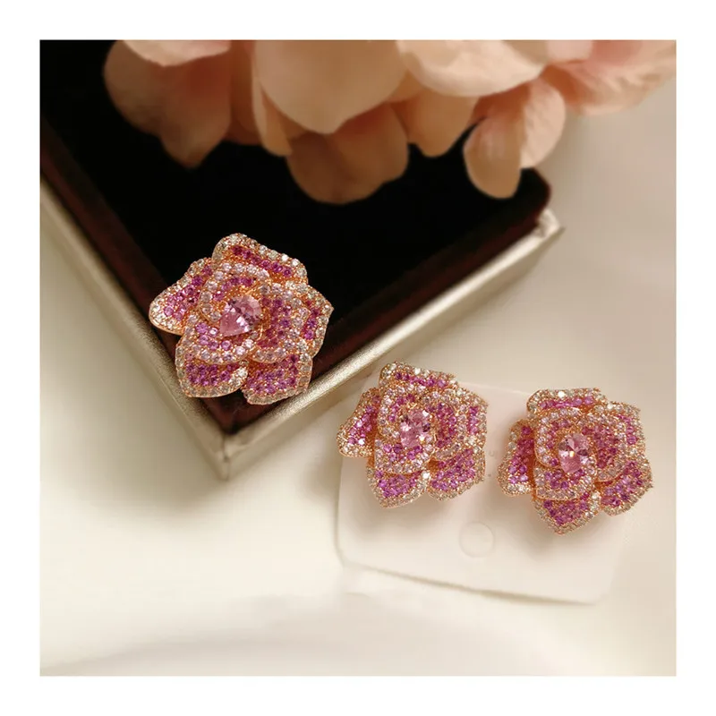 Jewelry Sets For Women S925 Silver Needle Pink CZ Stereoscopic Rose Flower Open Adjustable Stud Earrings Index Finger Ring