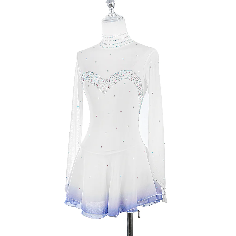 White Gradient Figure Skating Dress For Women And Girls Long Sleeve Ice Figure Skating Clothes With Rhinestones