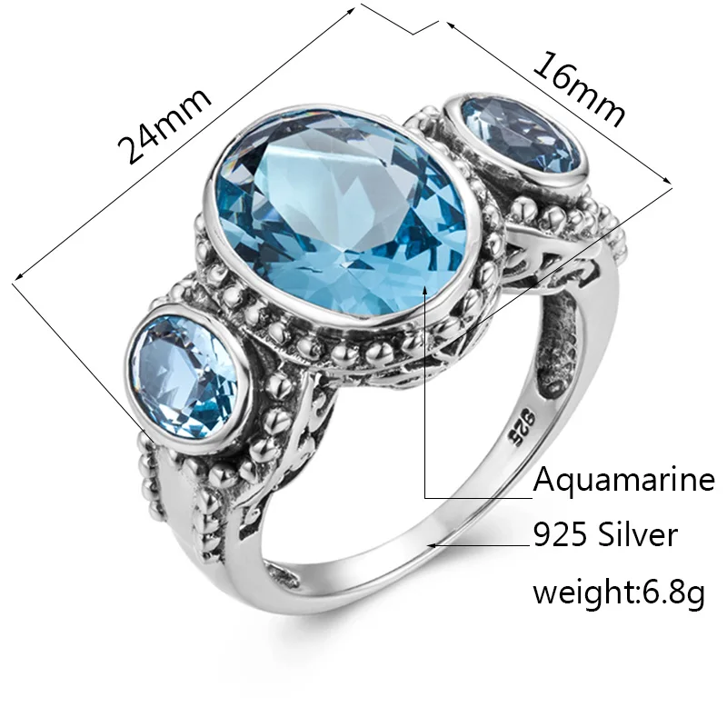 Aquamarine Men Rings Sterling Silver 925 Gemstone Vintage Rings For women Fine Oval Shape Prong Setting Anillo Hombre At A Loss — zdjęcie 5
