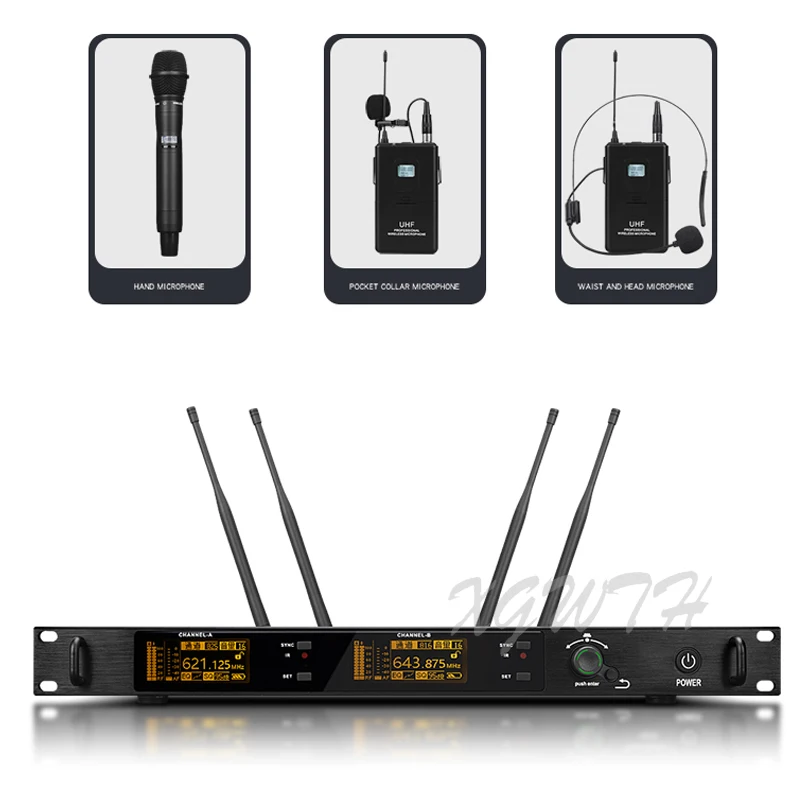 200 Channel True Diversity UHF Wireless Karaoke Microphone System with 2 Headheld Lavalier Headset Mic Audio DJ Stage Microfone