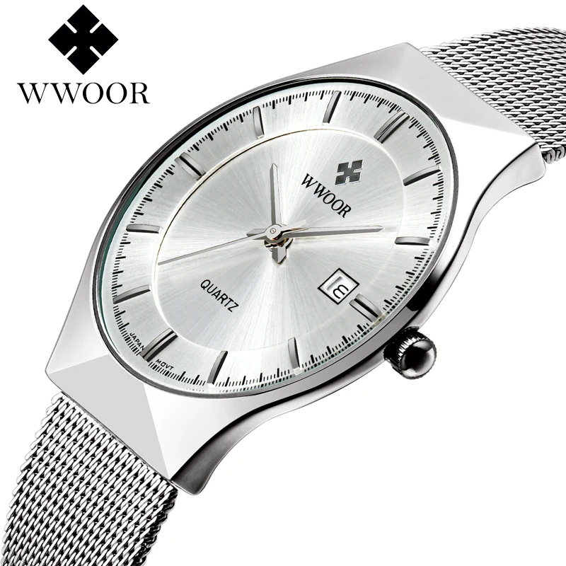 

WWOOR Men Simple Quartz Watch Ultra-thin Mesh band Date Display Fashion Casual Analog Wristwatch relogio masculino