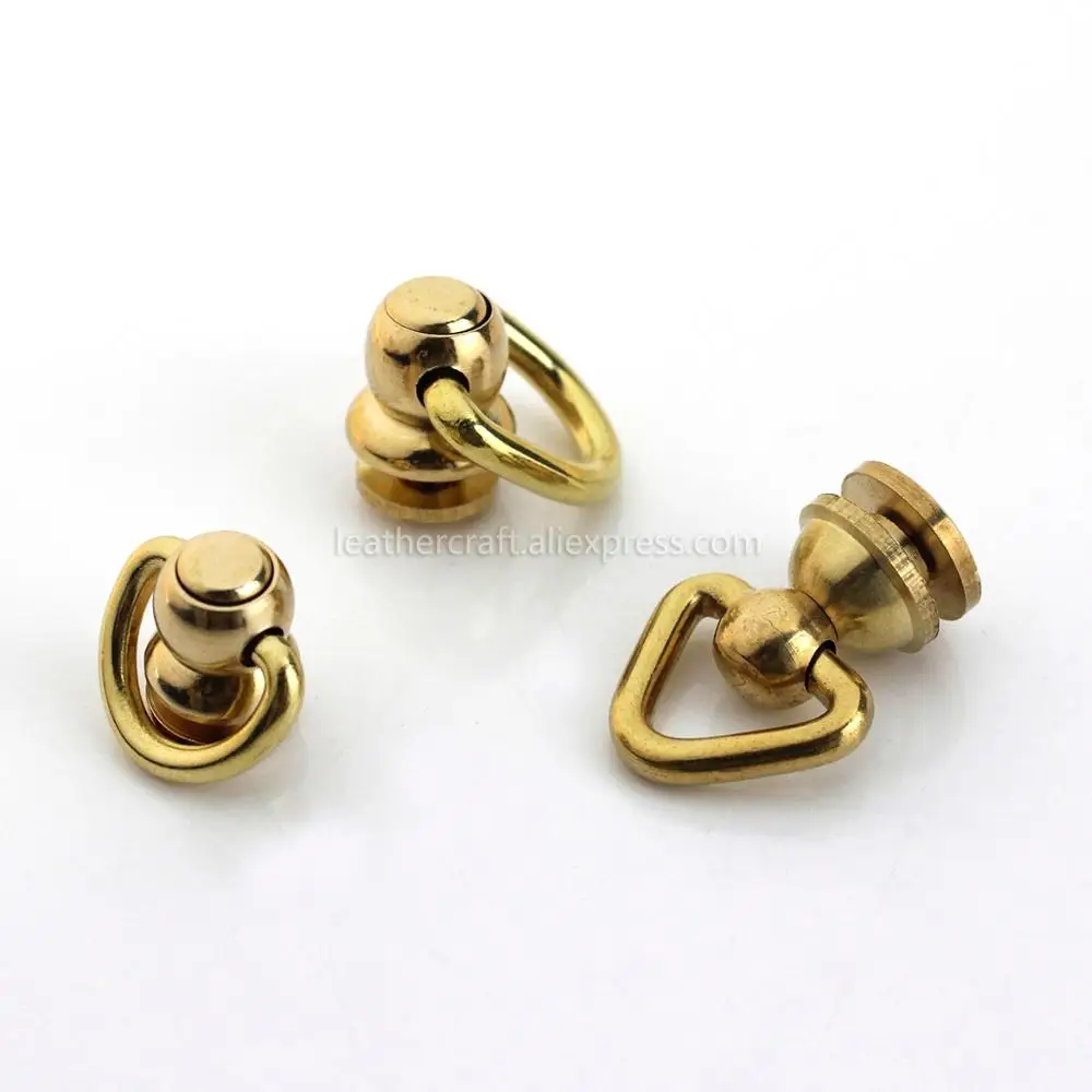 10Pcs Brass Ball Post Studs Rivet with D ring Screwback Round Head Nail Spots Swivel 360 Rotate Head Spikes Leather Craft DIY