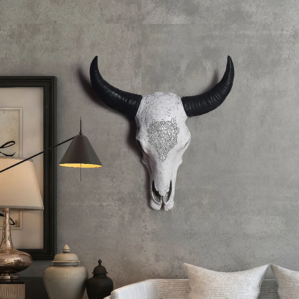 Tribal Design Carved Bull Cow Skull - Wall Mount Head - Rustic Western Sculpture Decor