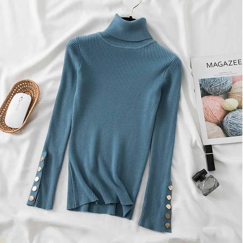 2024 autumn winter women thick sweater pullovers long sleeve button Turtleneck chic Sweater Female Slim knit soft jumper tops