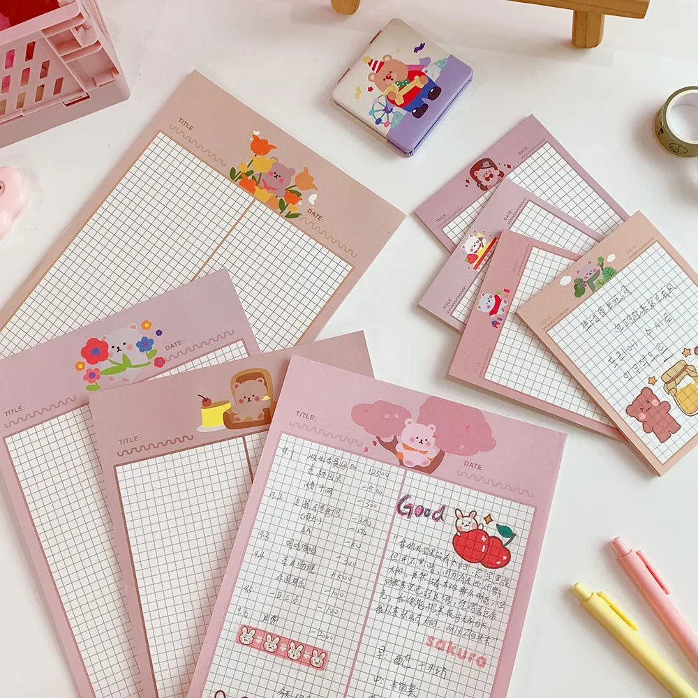 30 Sheets Ins Cartoon Cute Bear Plan Note Grid Memo Pad Learning Notes Big Loose-leaf Diary Student Stationery Kawaii Notebook