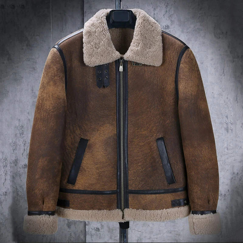 New Mens B3 Sheepskin Shearling Jacket Thicken Fur Coat Brown Leather Jacket Short Motorcycle Jacket