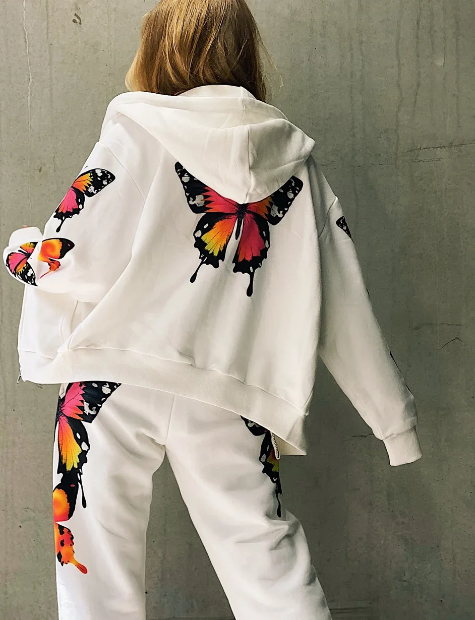 2pcs Women Sets Fashion Tracksuit Butterfly Printed Sport Set Sweatshirt Pants Sets Hooded Jacket Pants Fashion Streetwear