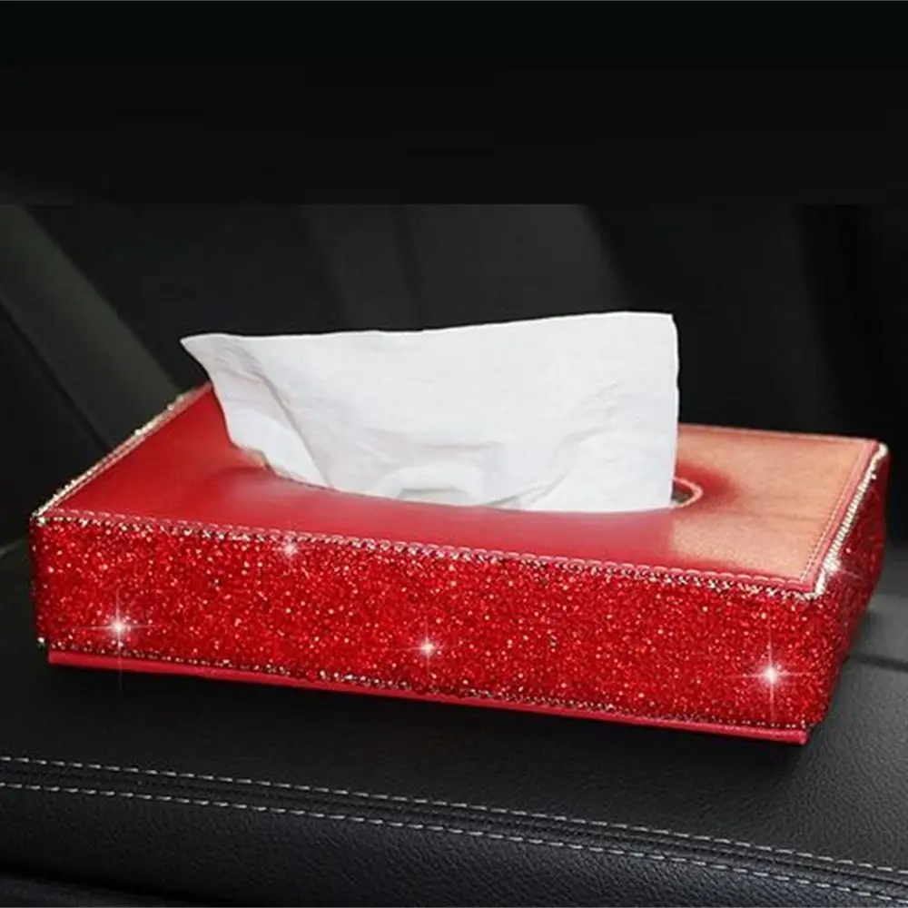 

Full Diamond Crystal Leather Glitter Rhinestones Car Sun Visor PU Leather Tissue Box Auto Clip Holder Paper Napkin Accessories