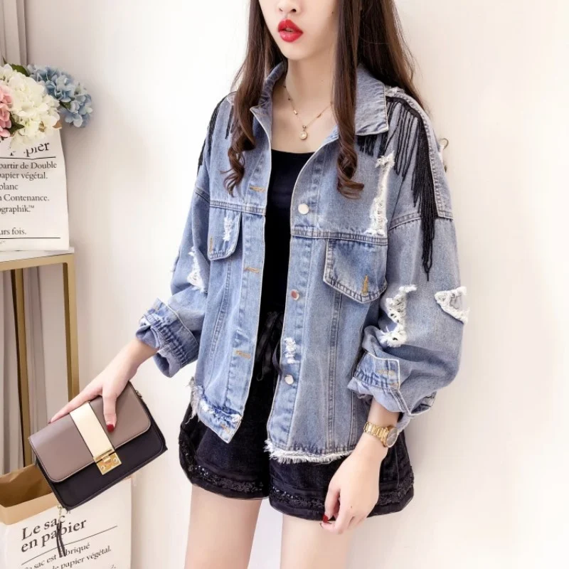 

Back Harajuku Embroidered Flares Sequins Womens Denim Jackets Beading Tassel Hole Ripped Patchs Long Sleeve Female Loose Coats