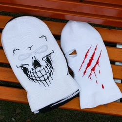 Skull Scratch Embroidery Three-hole Balaclava Knit Hat Army Tactical CS Winter Ski Riding Mask Beanie Prom Party Mask Warm Mask