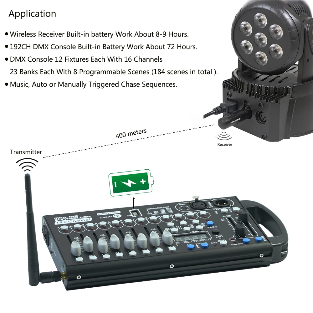 Bateria de energia 192ch sem fio dmx controlador wi fi recarga receptor para dj equipamentos led par movente head projectores controlle