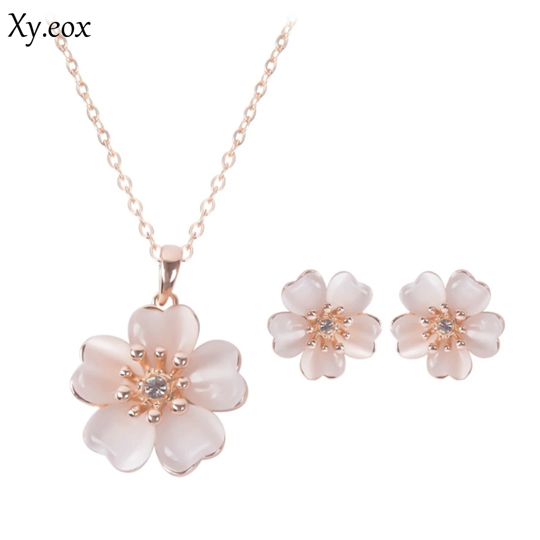 Elegant Cherry Blossom Flower Opal Pendant Necklace Earring Fashion Jewelry Set