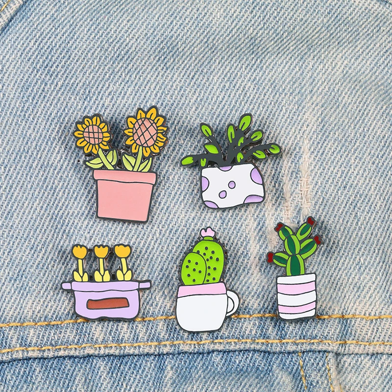 Cute Potted Plant Enamel Pins Cartoon Sunflower Cactus Green Brooches Succulent Shirts Lapel Pin Badge Fashion Jewelry for Kids