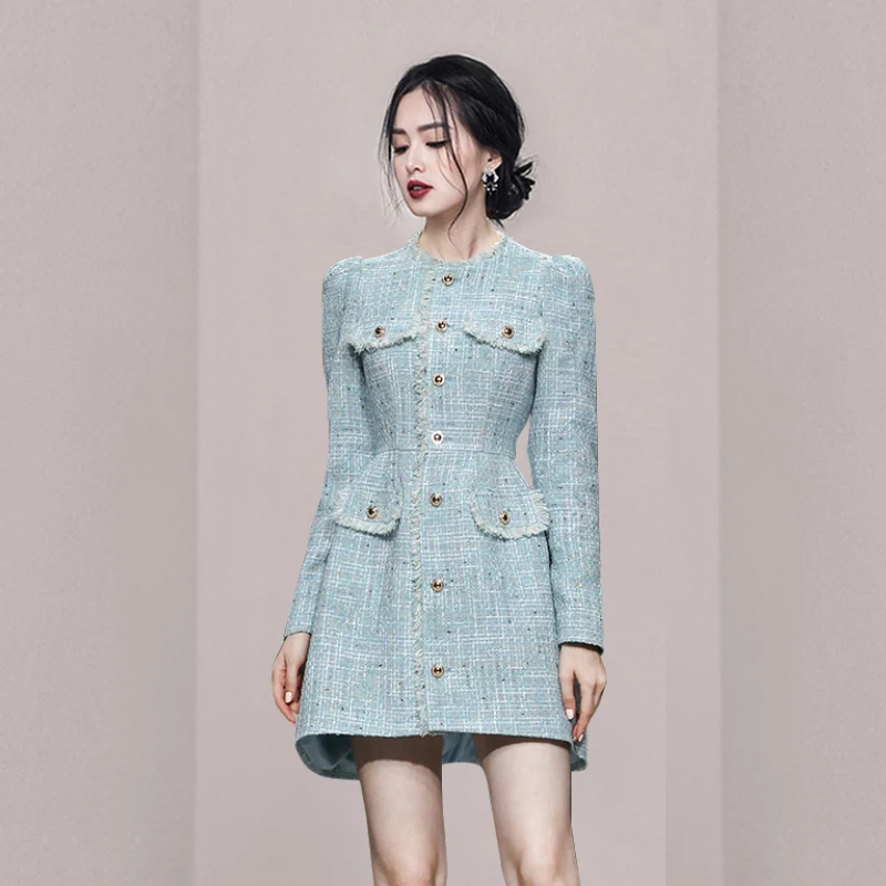 Abiti eleganti di alta moda per donna autunno inverno cielo blu Tweed manica lunga abito da donna abiti abito femminile Vestido SL107