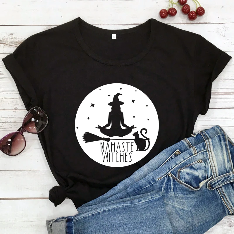 Namaste witches-女性のためのヴィンテージコットンTシャツ,ハロウィーンのパーティーシャツ,女性のための面白い魔女の瞑想,ヨガワークトップ,シャツ100%