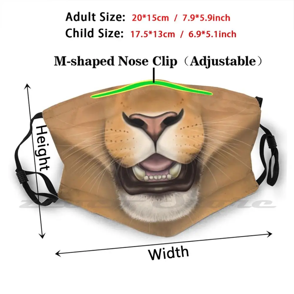 Leoa máscara facial diy lavável filtro pm2.5 boca trending leão leoa gato grande felina panthera leo animal peludo anthro rosto