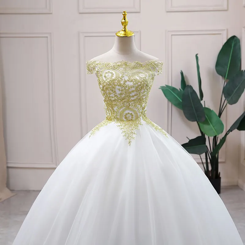 Champange vestido de casamento de renda 2024 fora do ombro simples princesa vestido de baile vestido de noiva personalizado