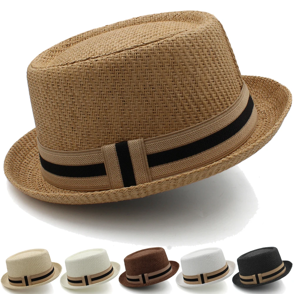 Men Women Classical Straw Pork Pie Hats Fedora Sunhats Trilby Caps Summer Boater Beach Outdoor Travel Party Size US 7 1/4 UK L