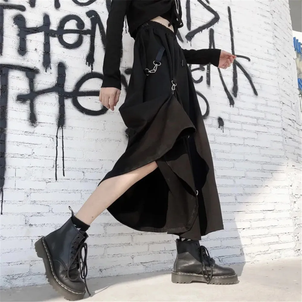 Loose Hip-Hop Punk Elastic High Waist Cargo Skirt Women Korean Ulzzang Casual Gothic Long Dark Skirt 2021 Streetwear Black Saia
