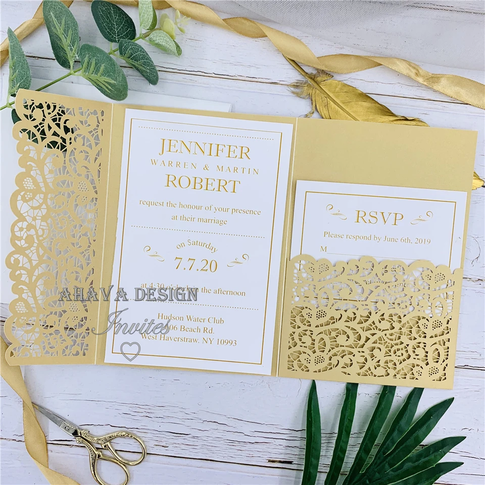 Modern Gold Tri-fold Lace Laser Cut Wedding Invite With Respond Card&Ribbon