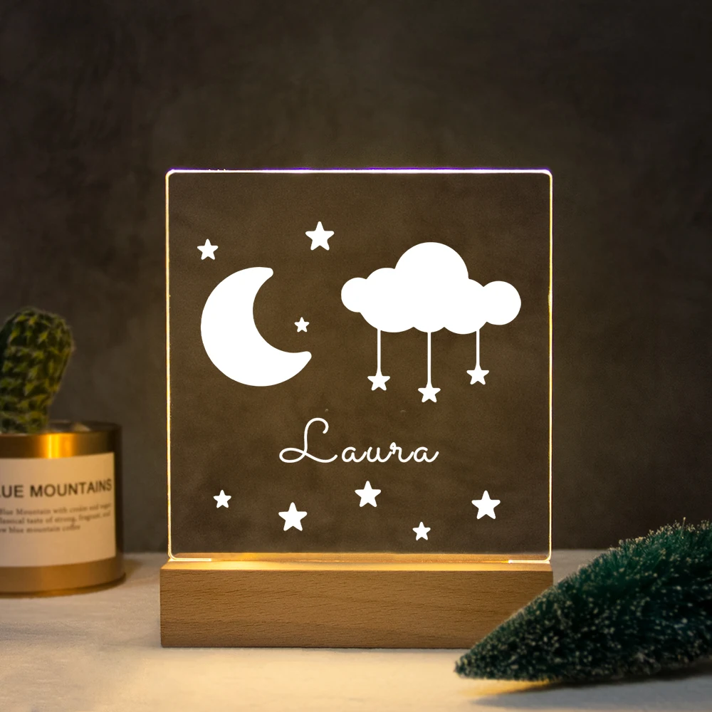 Personalized Moon And Stars Nightlight USB Customized Name 3D Lamp Christmas Decoration Bedroom Toys For Children Birthday Gift