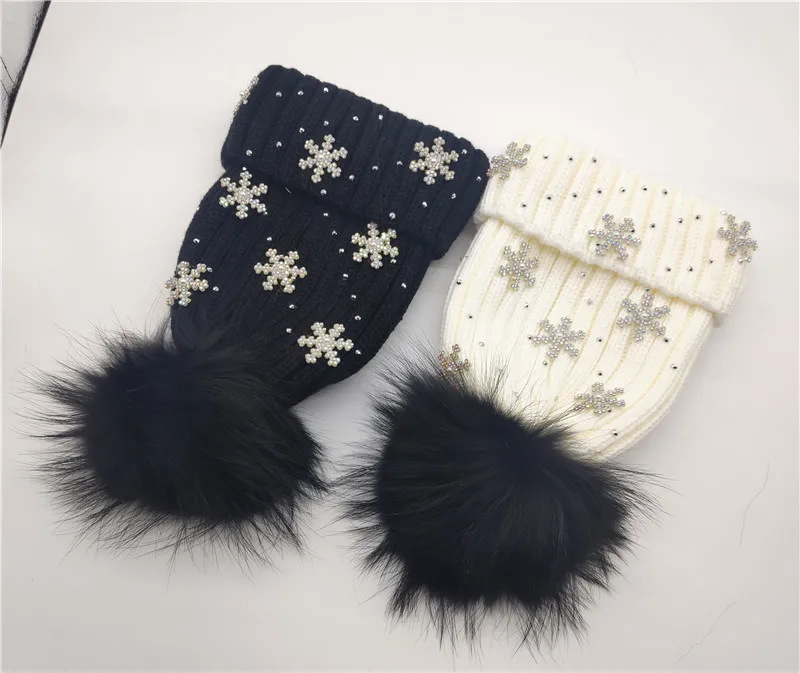 Winter 100% Real Fur Pom pom Beanies Curled Cotton Knitted Skullies Cap Women thick warm Snow Christmas Knitting Hat