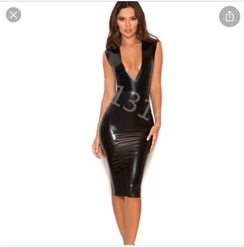 

Sexy Black Sleeveless Latex Dress Rubber V-Neck Vestidos Dresses Plus Size Gowns Customize Service Back Zipper