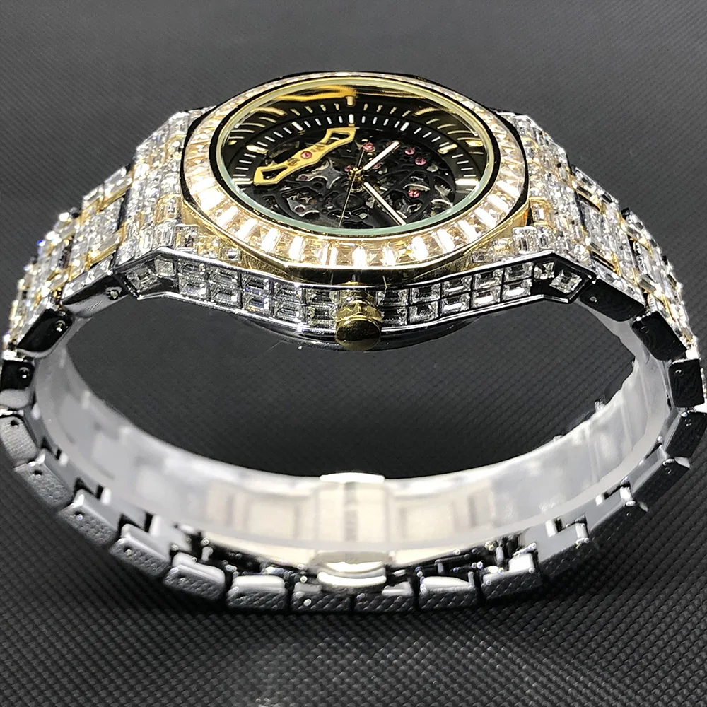 MISSFOX Hip Hop Mechanical Mens Watches Luxury Iced Out Stainless Steel Automatic Wristwatch For Men Jewelry Relógio masculino