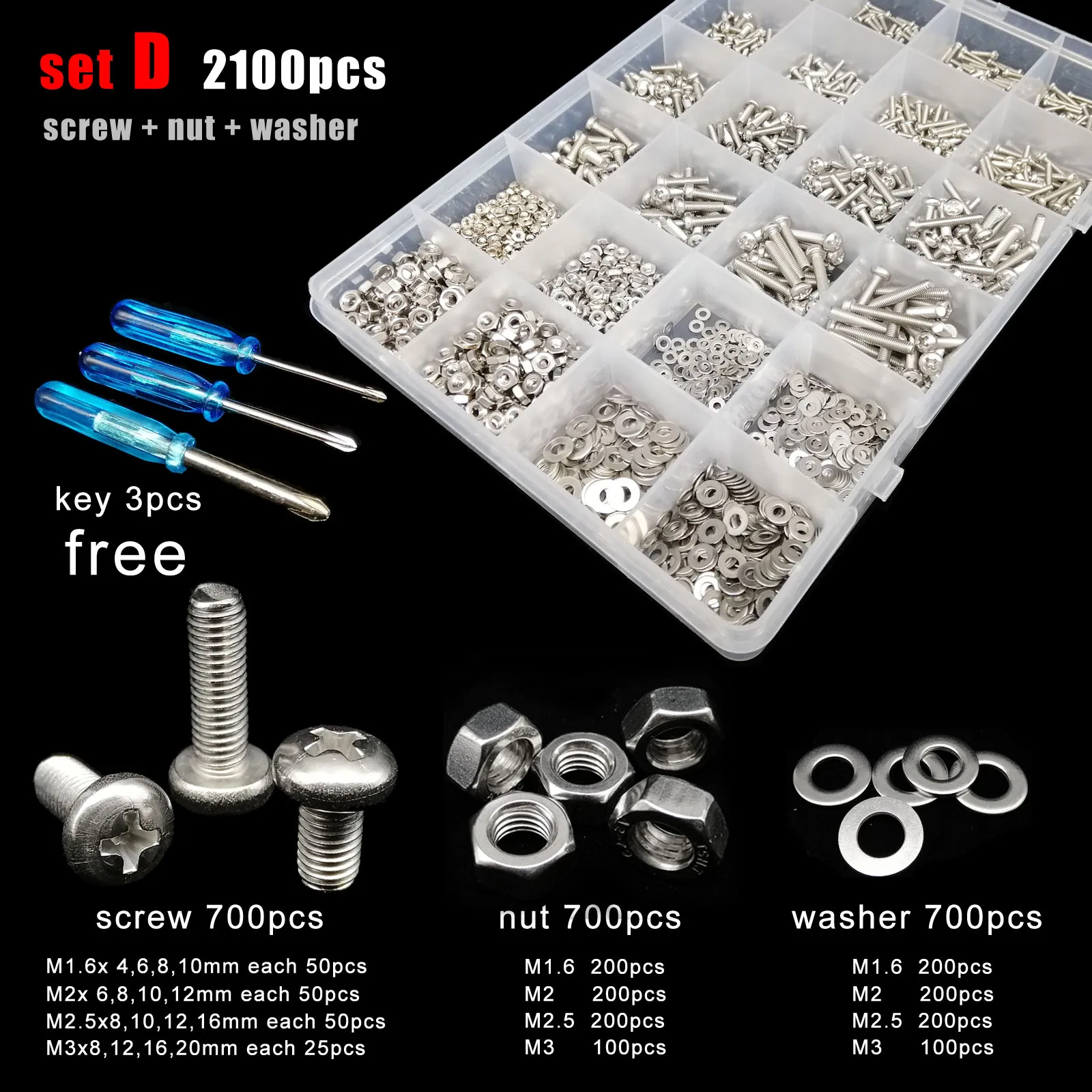 400/2100pc M1.6 M2 M2.5 M3 M4 M5 304 A2 Stainless Steel Mix Size Cross Phillips Pan Round Head Screw Bolt Nut Washer Set Kit Box