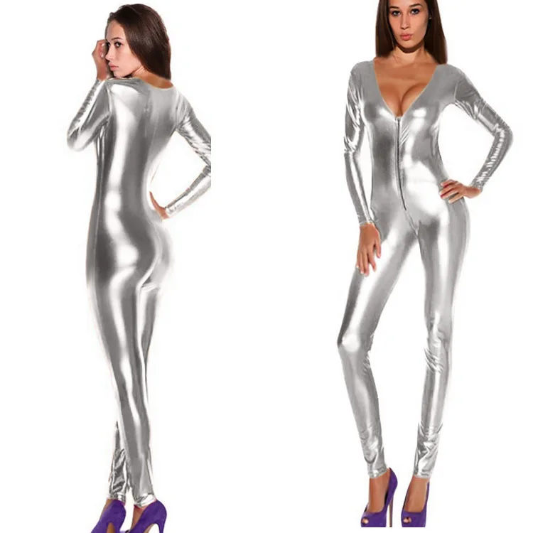 Kualitas Tinggi Seksi Catsuit Faux Kulit Bodysuit Bodycon Jumpsuit Clubwear Leotard Warna Kostum Halloween untuk Wanita Cosplay PVC